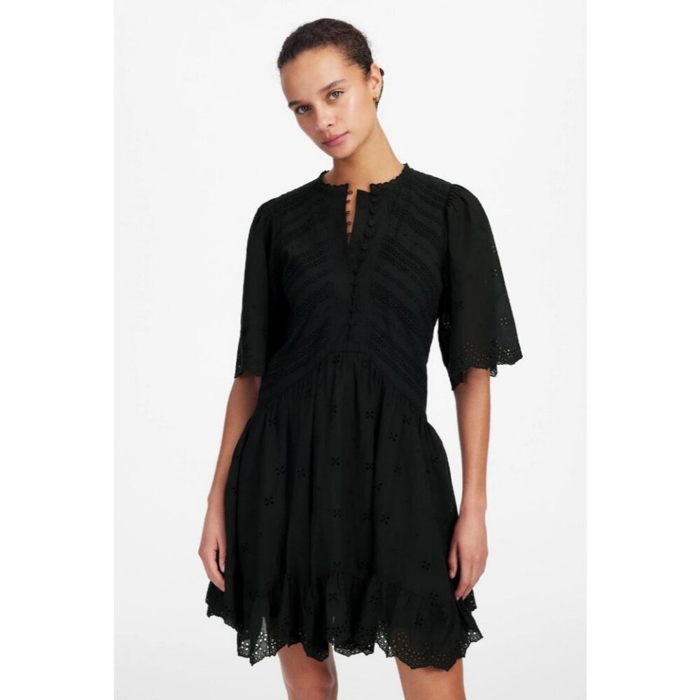 Madewell Eyelet Flutter Sleeve Mini Dress in Cotton Women's Size 2 in Black NWT!